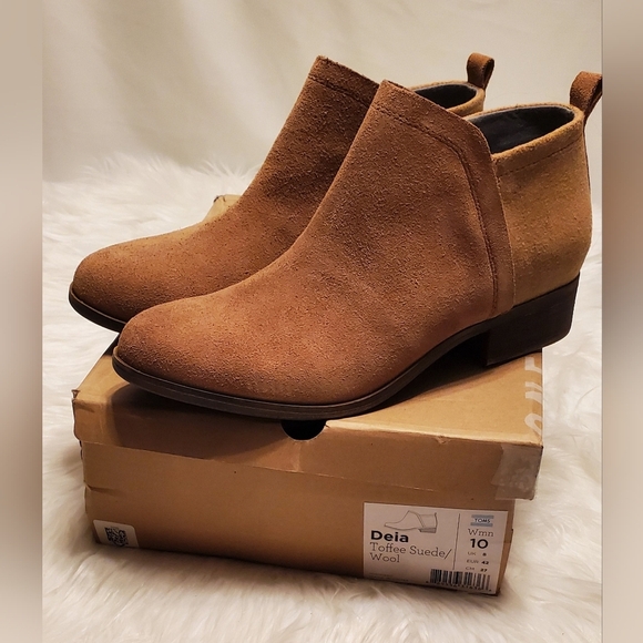 Toms Deia Tan Toffee Suede Wool Side Zip Ankle Boots Size 10 - Picture 5 of 9